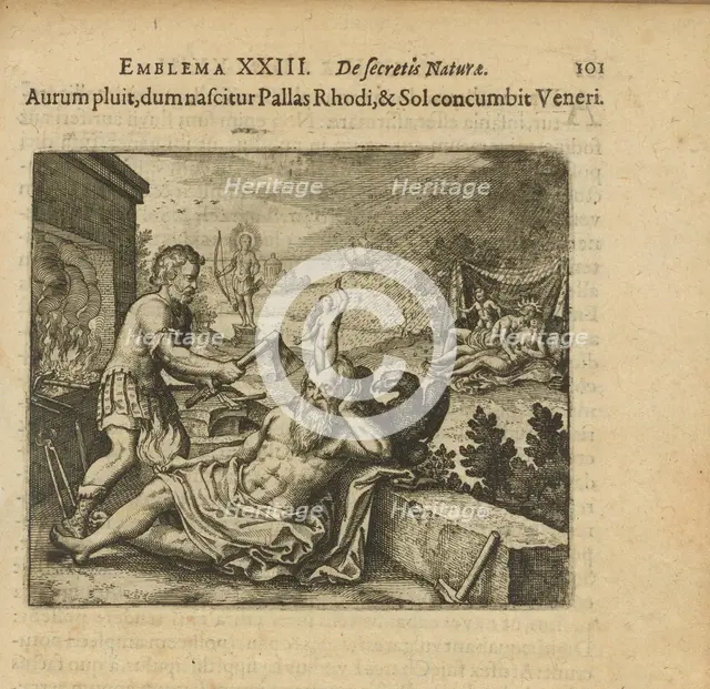 Emblem 23. It rains gold as Pallas is born at Rhodes and the sun is at Venus, 1618. Creator: Merian, Matthäus, the Elder (1593-1650).