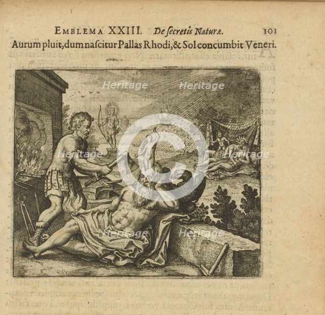 Emblem 23. It rains gold as Pallas is born at Rhodes and the sun is at Venus, 1618. Creator: Merian, Matthäus, the Elder (1593-1650).