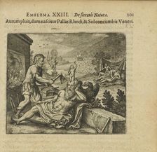 Emblem 23. It rains gold as Pallas is born at Rhodes and the sun is at Venus, 1618. Creator: Merian, Matthäus, the Elder (1593-1650)