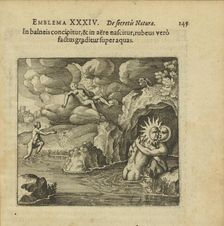 Emblem 34. He is conceived in a water bath and born in the air, but when he turns..., 1816. Creator: Merian, Matthäus, the Elder (1593-1650)