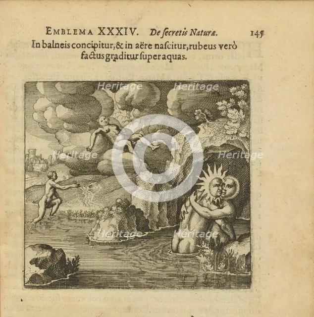 Emblem 34. He is conceived in a water bath and born in the air, but when he turns..., 1816. Creator: Merian, Matthäus, the Elder (1593-1650).