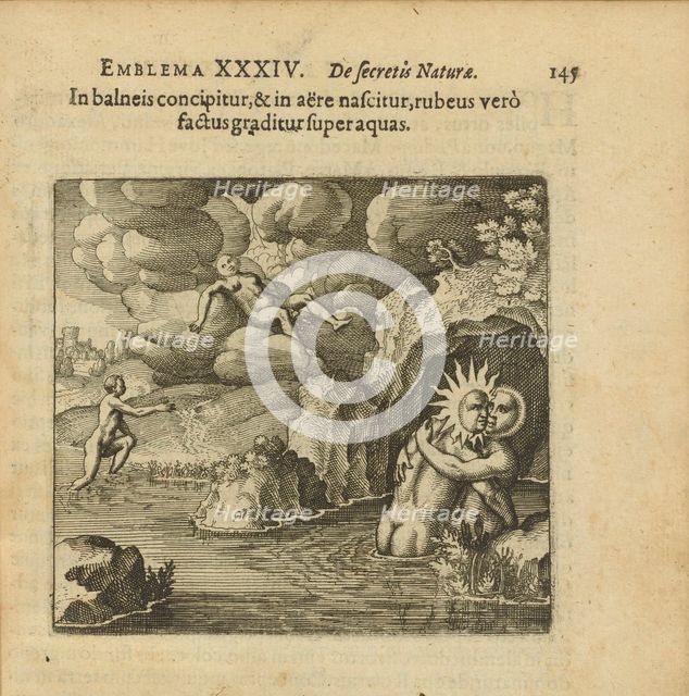 Emblem 34. He is conceived in a water bath and born in the air, but when he turns..., 1816. Creator: Merian, Matthäus, the Elder (1593-1650).