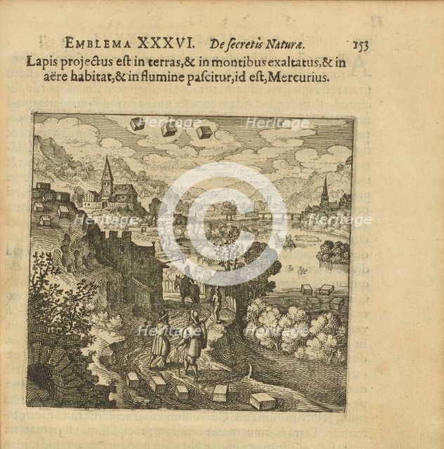 Emblem 36. This stone is cast on the earth and lifted up on the mountains, dwells in the air... 1816 Creator: Merian, Matthäus, the Elder (1593-1650).