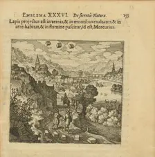 Emblem 36. This stone is cast on the earth and lifted up on the mountains, dwells in the air... 1816 Creator: Merian, Matthäus, the Elder (1593-1650)