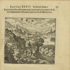 Emblem 36. This stone is cast on the earth and lifted up on the mountains, dwells in the air... 1816 Creator: Merian, Matthäus, the Elder (1593-1650)