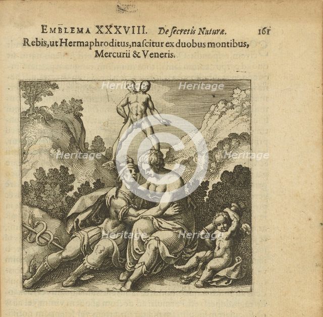 Emblem 38. The Rebis like a hermaphrodite is born from two mountains, Mercurius and Venus, 1816. Creator: Merian, Matthäus, the Elder (1593-1650).