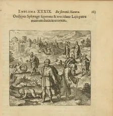 Emblem 39. Oedipus, after defeating the Sphynx and killing his father, takes his mother..., 1816. Creator: Merian, Matthäus, the Elder (1593-1650)