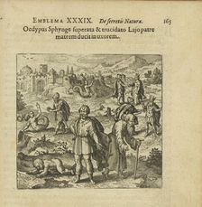 Emblem 39. Oedipus, after defeating the Sphynx and killing his father, takes his mother..., 1816. Creator: Merian, Matthäus, the Elder (1593-1650)