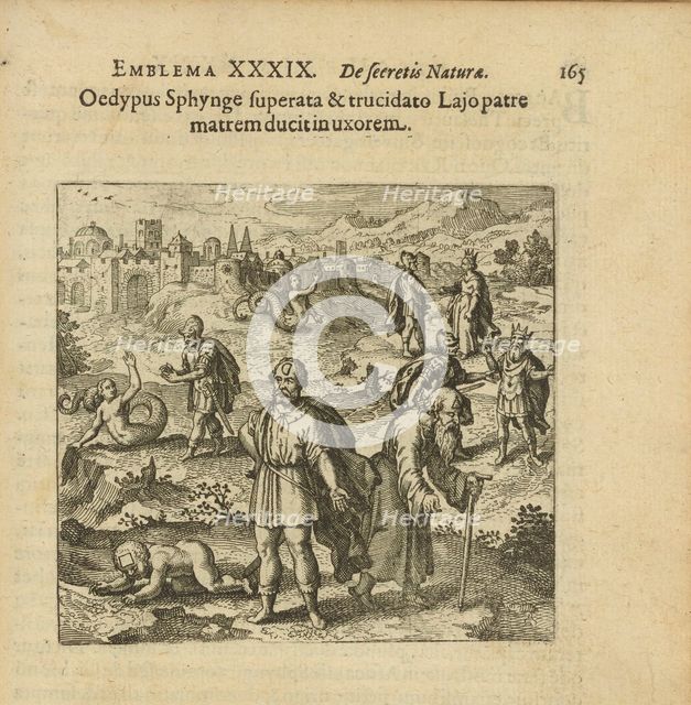 Emblem 39. Oedipus, after defeating the Sphynx and killing his father, takes his mother..., 1816. Creator: Merian, Matthäus, the Elder (1593-1650).