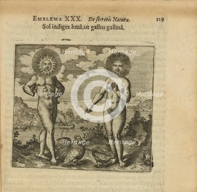 Emblem 30. The sun needs the moon, like the rooster needs the hens, 1618. Creator: Merian, Matthäus, the Elder (1593-1650).