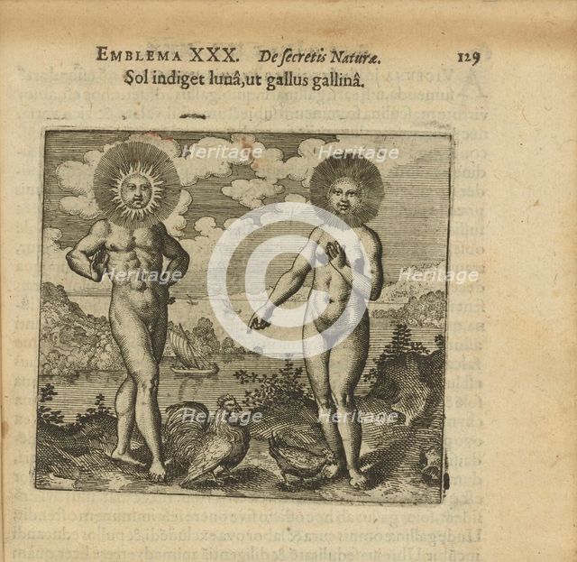 Emblem 30. The sun needs the moon, like the rooster needs the hens, 1618. Creator: Merian, Matthäus, the Elder (1593-1650).