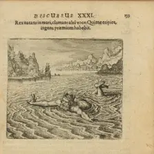 Emblem 31. The king, swimming in the sea, cries out with a loud voice: Whoever saves me..., 1816. Creator: Merian, Matthäus, the Elder (1593-1650)