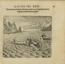 Emblem 31. The king, swimming in the sea, cries out with a loud voice: Whoever saves me..., 1816. Creator: Merian, Matthäus, the Elder (1593-1650)