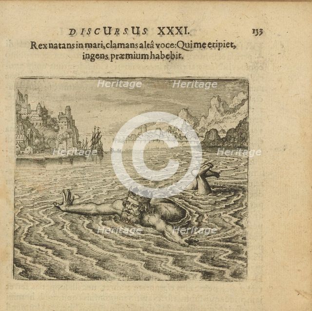 Emblem 31. The king, swimming in the sea, cries out with a loud voice: Whoever saves me..., 1816. Creator: Merian, Matthäus, the Elder (1593-1650).