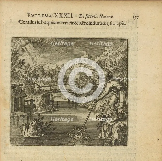 Emblem 32. The coral as it grows under the water and is hardened by air, so does the stone, 1816. Creator: Merian, Matthäus, the Elder (1593-1650).