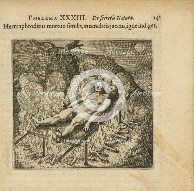 Emblem 33. The hermaphrodite, lying like a dead person in darkness, needs fire, 1816. Creator: Merian, Matthäus, the Elder (1593-1650).