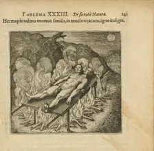 Emblem 33. The hermaphrodite, lying like a dead person in darkness, needs fire, 1816. Creator: Merian, Matthäus, the Elder (1593-1650)