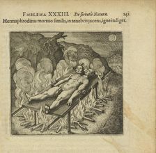 Emblem 33. The hermaphrodite, lying like a dead person in darkness, needs fire, 1816. Creator: Merian, Matthäus, the Elder (1593-1650)