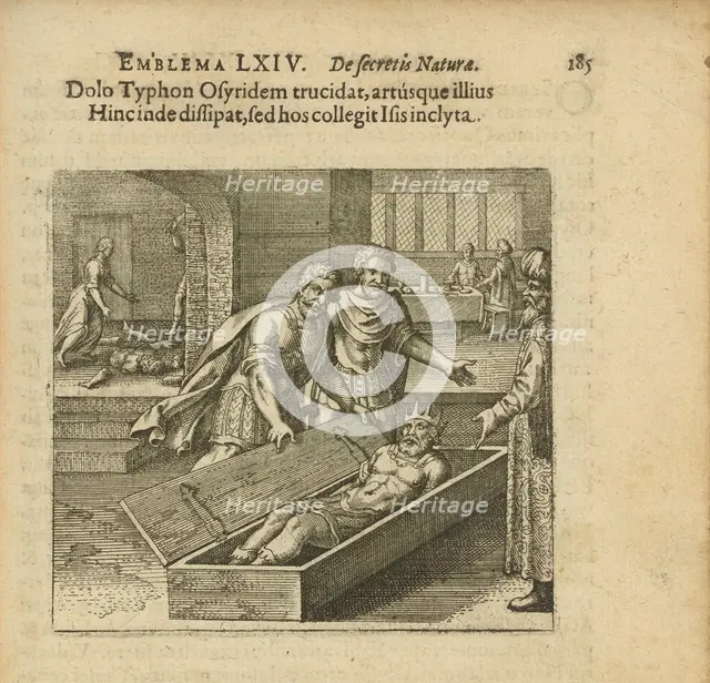 Emblem 44. Through deceit Typhon kills Osiris and scatters his members, which in turn brings...,1816 Creator: Merian, Matthäus, the Elder (1593-1650).
