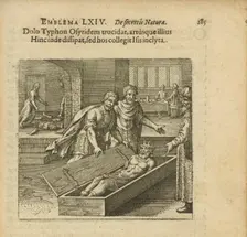 Emblem 44. Through deceit Typhon kills Osiris and scatters his members, which in turn brings...,1816 Creator: Merian, Matthäus, the Elder (1593-1650)