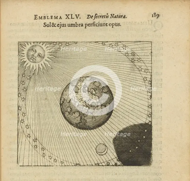 Emblem 45. The sun and its shadow accomplish the work, 1816. Creator: Merian, Matthäus, the Elder (1593-1650).