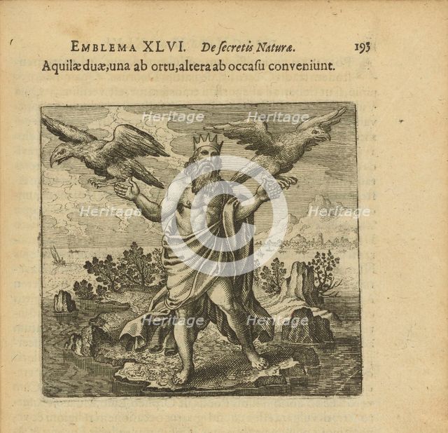 Emblem 46. Two eagles, one from the east, the other from the west, come together, 1816. Creator: Merian, Matthäus, the Elder (1593-1650).