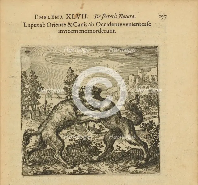Emblem 47. The wolf coming from the staircase and the dog coming from the staircase have..., 1816. Creator: Merian, Matthäus, the Elder (1593-1650).