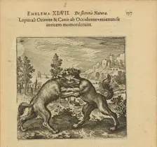 Emblem 47. The wolf coming from the staircase and the dog coming from the staircase have..., 1816. Creator: Merian, Matthäus, the Elder (1593-1650)