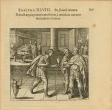 Emblem 48. The king gets an illness from drinking water, but when healed by doctors he..., 1816. Creator: Merian, Matthäus, the Elder (1593-1650)