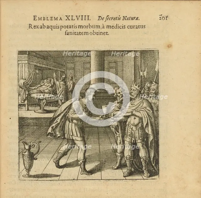 Emblem 48. The king gets an illness from drinking water, but when healed by doctors he..., 1816. Creator: Merian, Matthäus, the Elder (1593-1650).