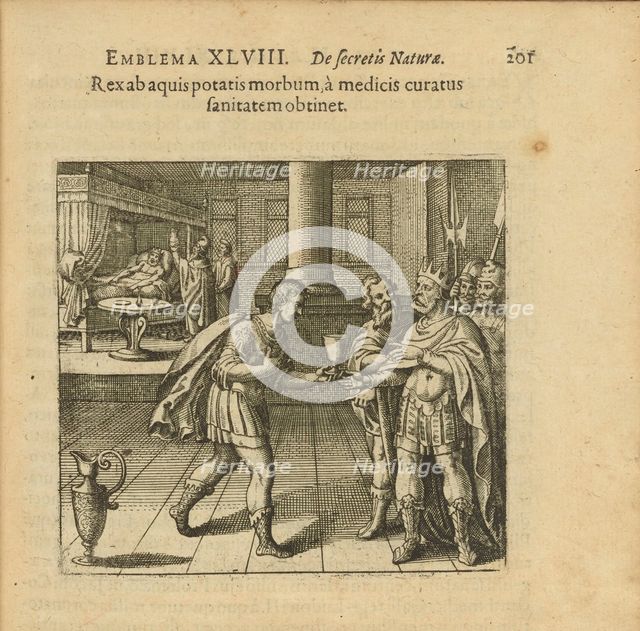 Emblem 48. The king gets an illness from drinking water, but when healed by doctors he..., 1816. Creator: Merian, Matthäus, the Elder (1593-1650).