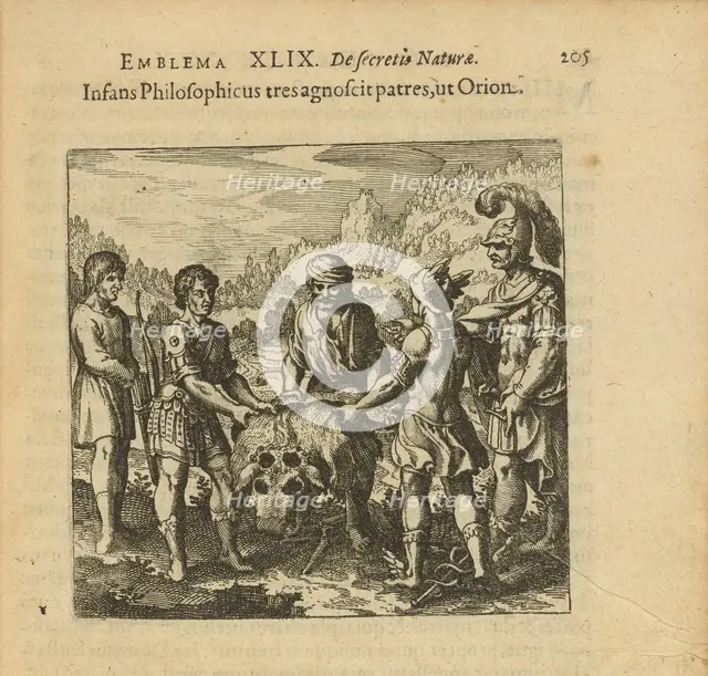 Emblem 49. The philosophical child recognizes three fathers, like Orion, 1816. Creator: Merian, Matthäus, the Elder (1593-1650).