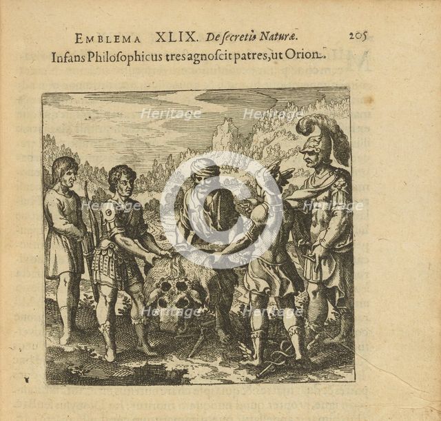 Emblem 49. The philosophical child recognizes three fathers, like Orion, 1816. Creator: Merian, Matthäus, the Elder (1593-1650).