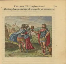 Emblem 4. Add the brother to the sister and give them the cup of love, 1618. Creator: Merian, Matthäus, the Elder (1593-1650)
