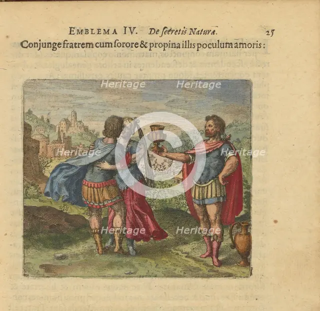 Emblem 4. Add the brother to the sister and give them the cup of love, 1618. Creator: Merian, Matthäus, the Elder (1593-1650).