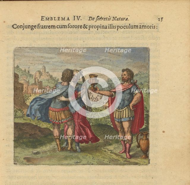 Emblem 4. Add the brother to the sister and give them the cup of love, 1618. Creator: Merian, Matthäus, the Elder (1593-1650).