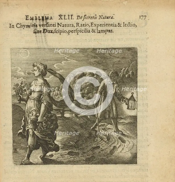 Emblem 42. To him who is in Chymicis be nature, reason, experience and reading..., 1816. Creator: Merian, Matthäus, the Elder (1593-1650).