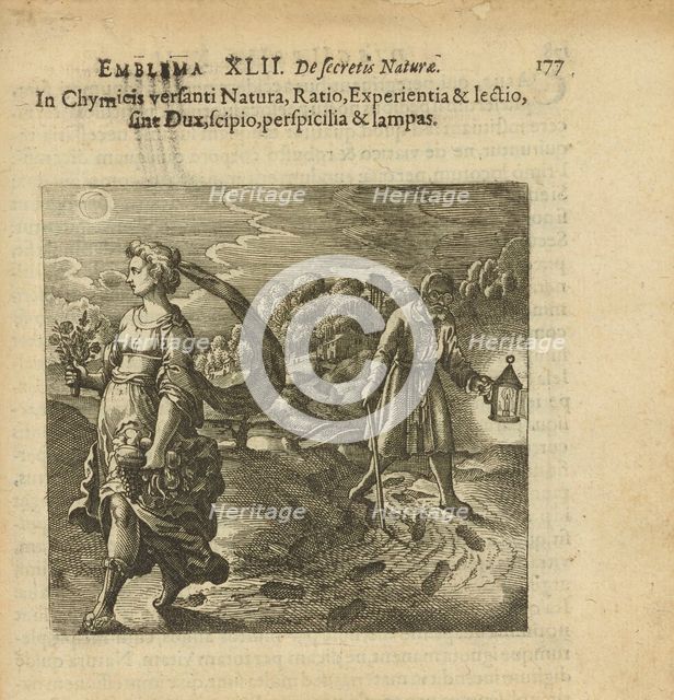 Emblem 42. To him who is in Chymicis be nature, reason, experience and reading..., 1816. Creator: Merian, Matthäus, the Elder (1593-1650).