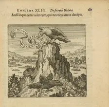 Emblem 43. Listen to the talking vulture, who in no way deceives you, 1816. Creator: Merian, Matthäus, the Elder (1593-1650)
