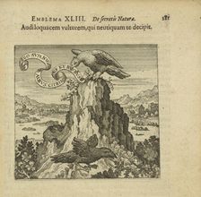 Emblem 43. Listen to the talking vulture, who in no way deceives you, 1816. Creator: Merian, Matthäus, the Elder (1593-1650)