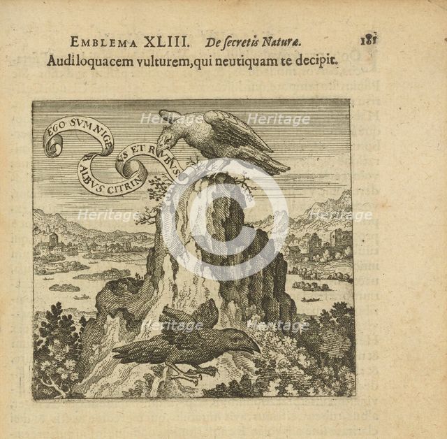 Emblem 43. Listen to the talking vulture, who in no way deceives you, 1816. Creator: Merian, Matthäus, the Elder (1593-1650).