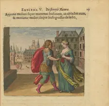 Emblem 5. Put the toad on the woman's breast so that it sucks, and the woman dies, and the..., 1618. Creator: Merian, Matthäus, the Elder (1593-1650)