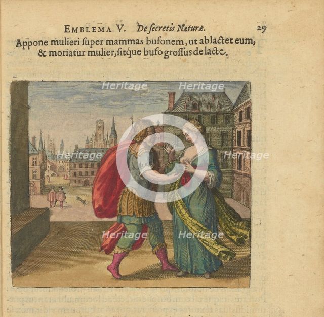 Emblem 5. Put the toad on the woman's breast so that it sucks, and the woman dies, and the..., 1618. Creator: Merian, Matthäus, the Elder (1593-1650).