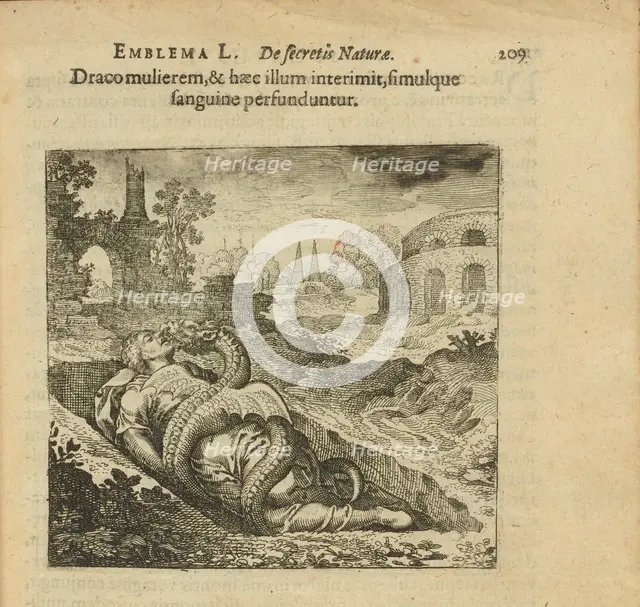Emblem 50. The dragon killed the woman and she killed him, and both are covered in blood, 1816. Creator: Merian, Matthäus, the Elder (1593-1650).
