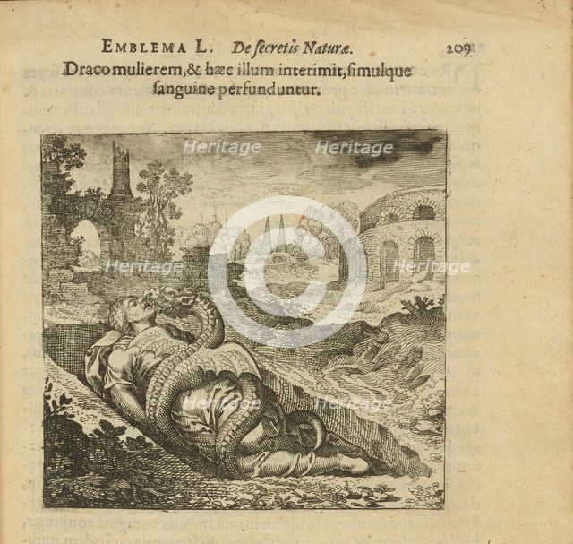 Emblem 50. The dragon killed the woman and she killed him, and both are covered in blood, 1816. Creator: Merian, Matthäus, the Elder (1593-1650).
