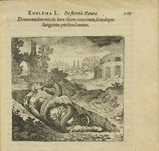 Emblem 50. The dragon killed the woman and she killed him, and both are covered in blood, 1816. Creator: Merian, Matthäus, the Elder (1593-1650)