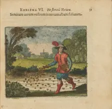 Emblem 6. Sow only gold in the white leafed earth. From "Atalanta fugiens" by Michael Maier, 1618. Creator: Merian, Matthäus, the Elder (1593-1650)