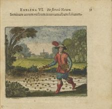 Emblem 6. Sow only gold in the white leafed earth. From "Atalanta fugiens" by Michael Maier, 1618. Creator: Merian, Matthäus, the Elder (1593-1650)