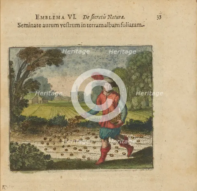 Emblem 6. Sow only gold in the white leafed earth. From "Atalanta fugiens" by Michael Maier, 1618. Creator: Merian, Matthäus, the Elder (1593-1650).