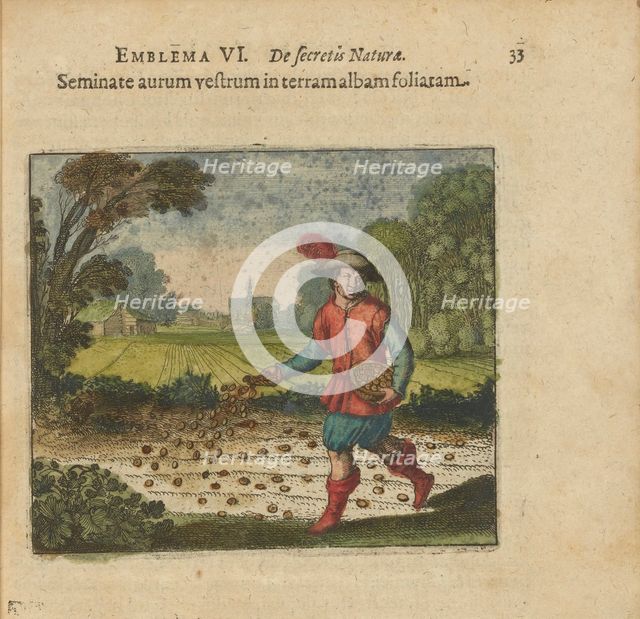 Emblem 6. Sow only gold in the white leafed earth. From "Atalanta fugiens" by Michael Maier, 1618. Creator: Merian, Matthäus, the Elder (1593-1650).